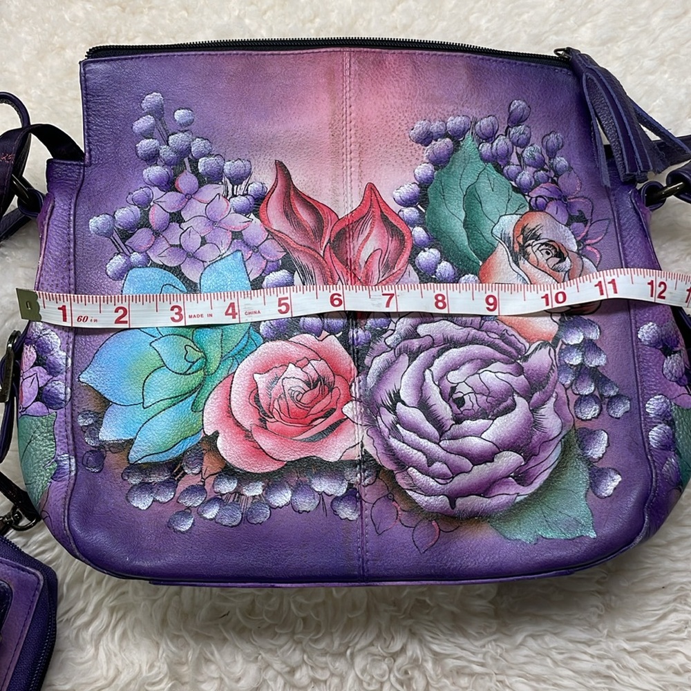 Anuschka Floral Purple Handbag and Wallet Set with bag charm and eyeglass pouch - Picture 3 of 14